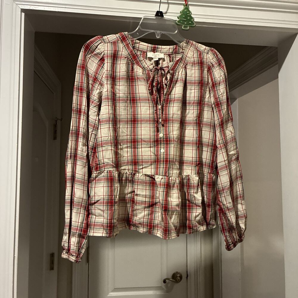 LOFT Size XS Cream Red Plaid Tie Front Keyhole Button Front Peplum Top Country